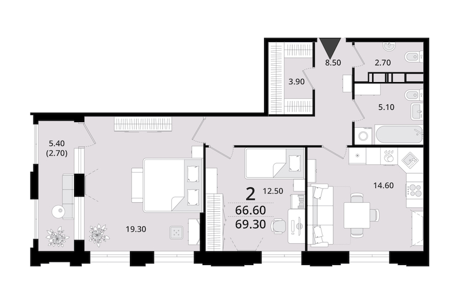 2-комнатная квартира 67.2 м², 11/13 эт., ЖК «Тайм Сквер»